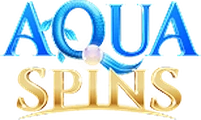 Aquaspins – niebieski napis AQUA z falą i perłą nad złotym SPINS